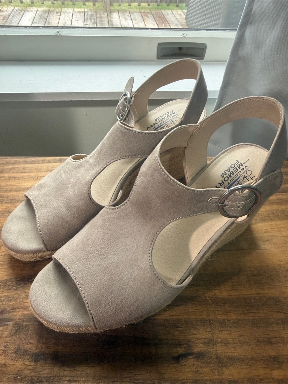 Life Stride Velocity Memory Taupe Suede Open-Toe Slingback Wedge Sandals